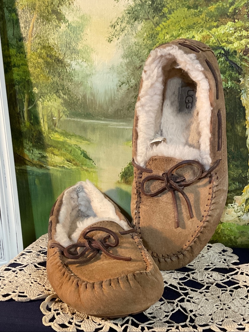 UGG Chestnut Brown Suede Shearling Moccasin Slippers